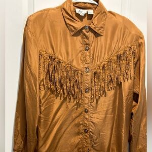 Silk fringe western button front long sleeve shirt Size M Cowboycore Cowgirlcore